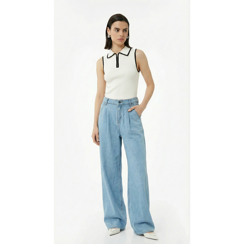 Light Blue Pleated Wide Leg Jeans | Montivo Pakistan
