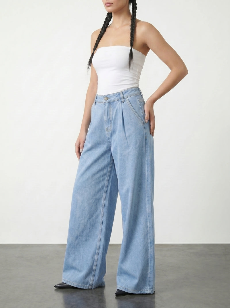 Light Blue Pleated Wide Leg Jeans | Montivo Pakistan
