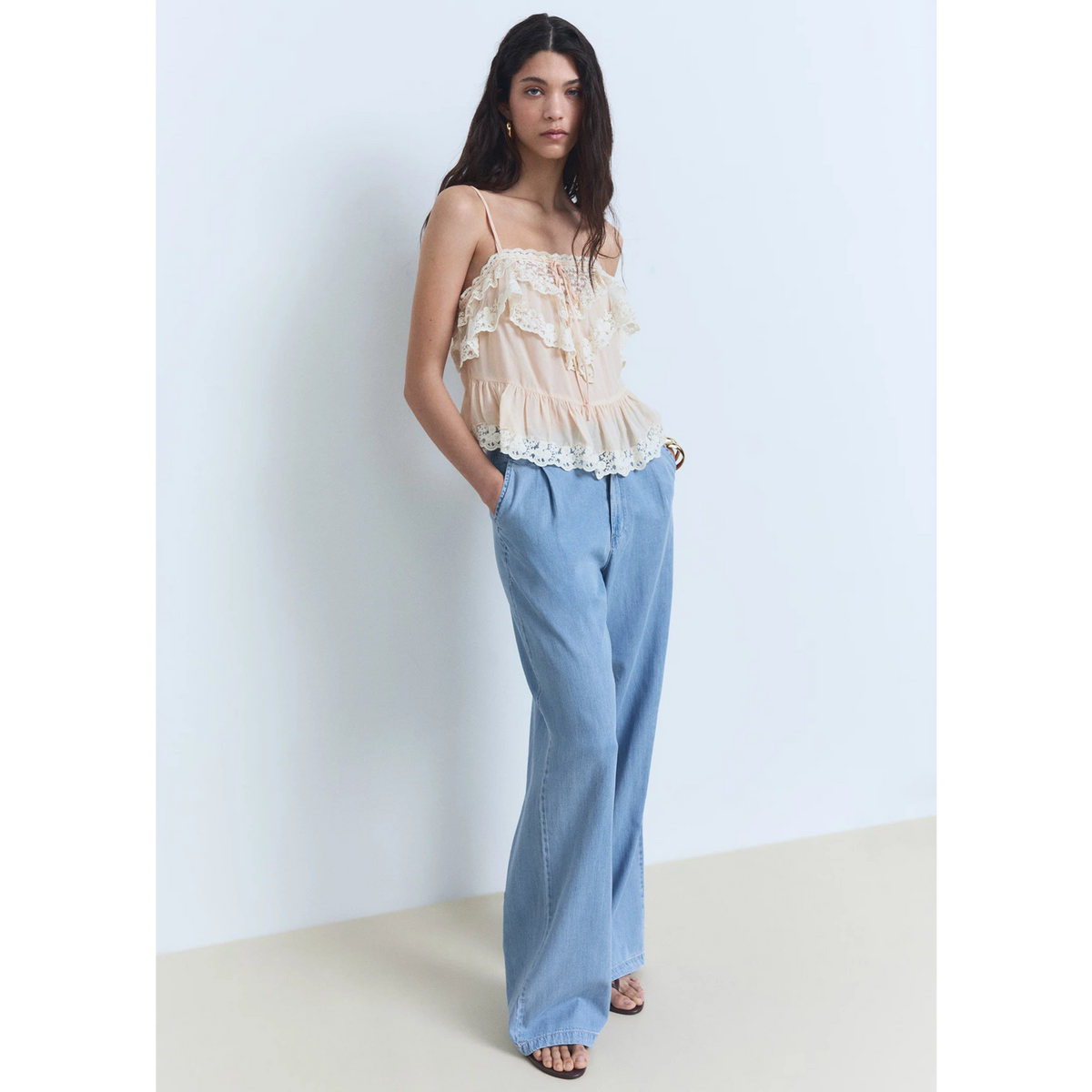 Light Blue Pleated Wide Leg Jeans | Montivo Pakistan
