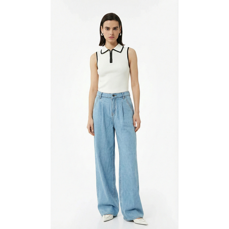 Light Blue Pleated Wide Leg Jeans | Montivo Pakistan