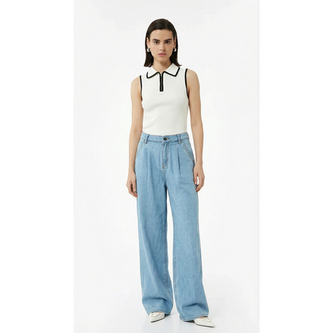 Light Blue Pleated Wide Leg Jeans | Montivo Pakistan