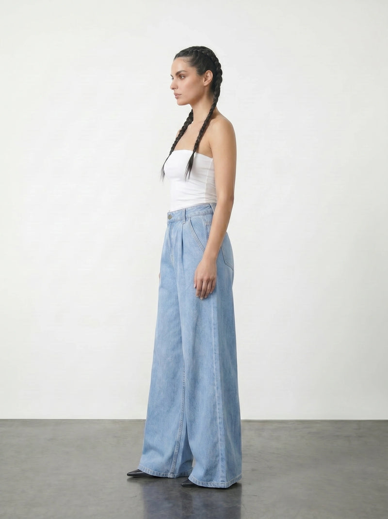 Light Blue Pleated Wide Leg Jeans | Montivo Pakistan