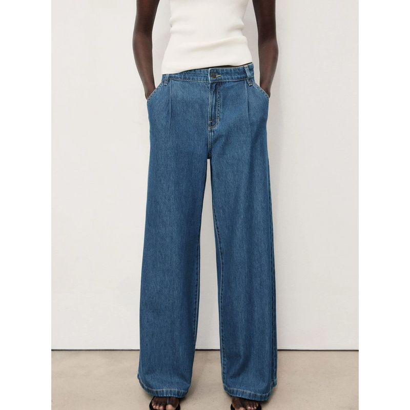 Mid Blue Pleated Wide Leg Jeans | Montivo Pakistan