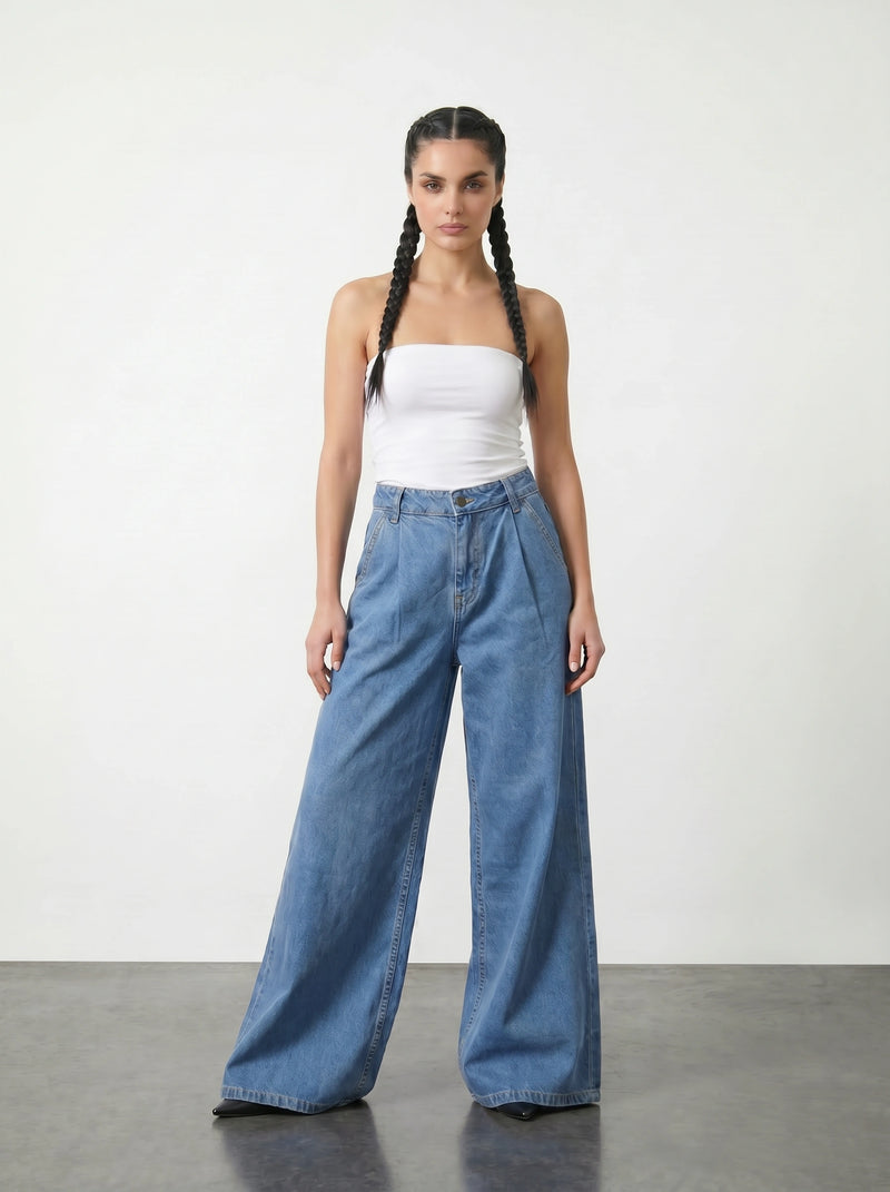 Mid Blue Pleated Wide Leg Jeans | Montivo Pakistan