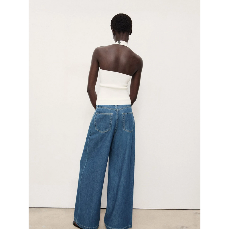 Mid Blue Pleated Wide Leg Jeans | Montivo Pakistan