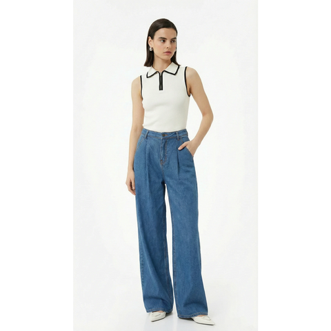 Mid Blue Pleated Wide Leg Jeans | Montivo Pakistan
