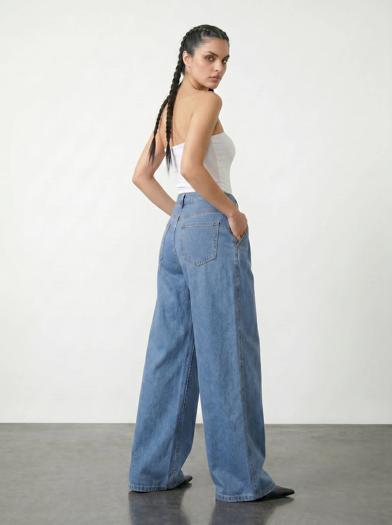 Mid Blue Pleated Wide Leg Jeans | Montivo Pakistan