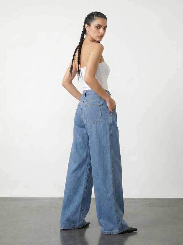 Mid Blue Pleated Wide Leg Jeans | Montivo Pakistan