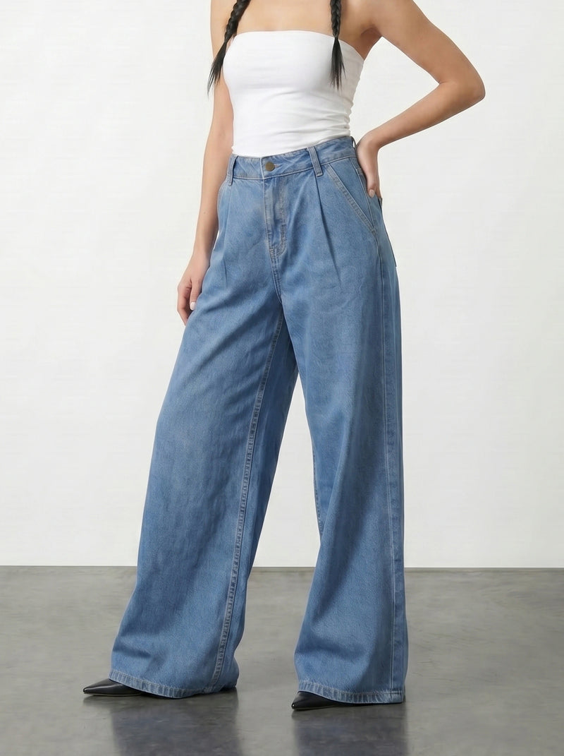 Mid Blue Pleated Wide Leg Jeans | Montivo Pakistan