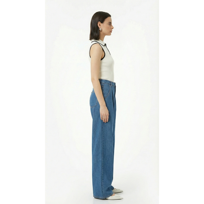 Mid Blue Pleated Wide Leg Jeans | Montivo Pakistan