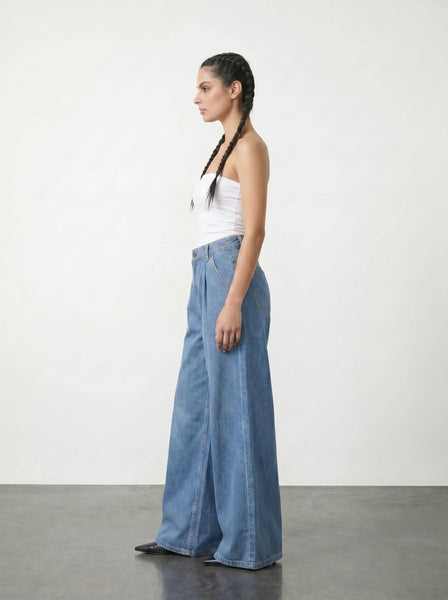 Mid Blue Pleated Wide Leg Jeans | Montivo Pakistan