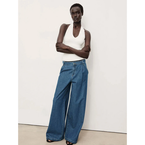 Mid Blue Pleated Wide Leg Jeans | Montivo Pakistan