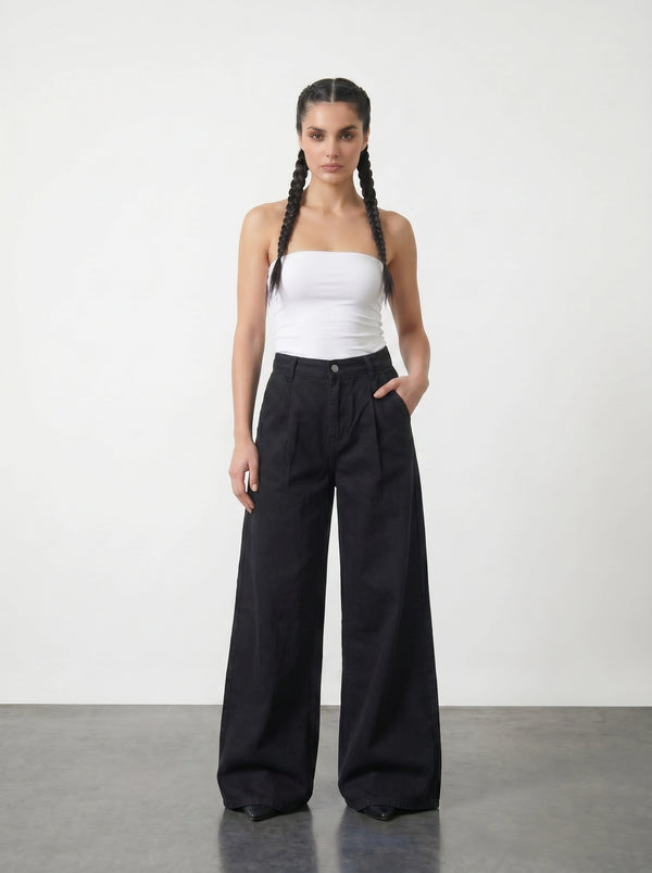 Black Pleated Wide Leg Jeans | Montivo Pakistan