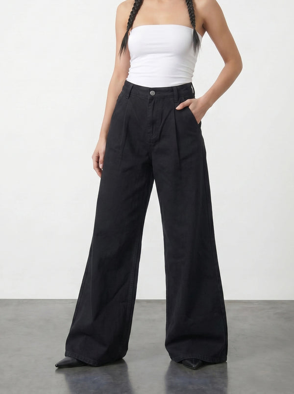 Black Pleated Wide Leg Jeans | Montivo Pakistan