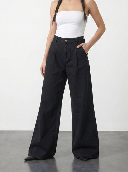 Black Pleated Wide Leg Jeans | Montivo Pakistan