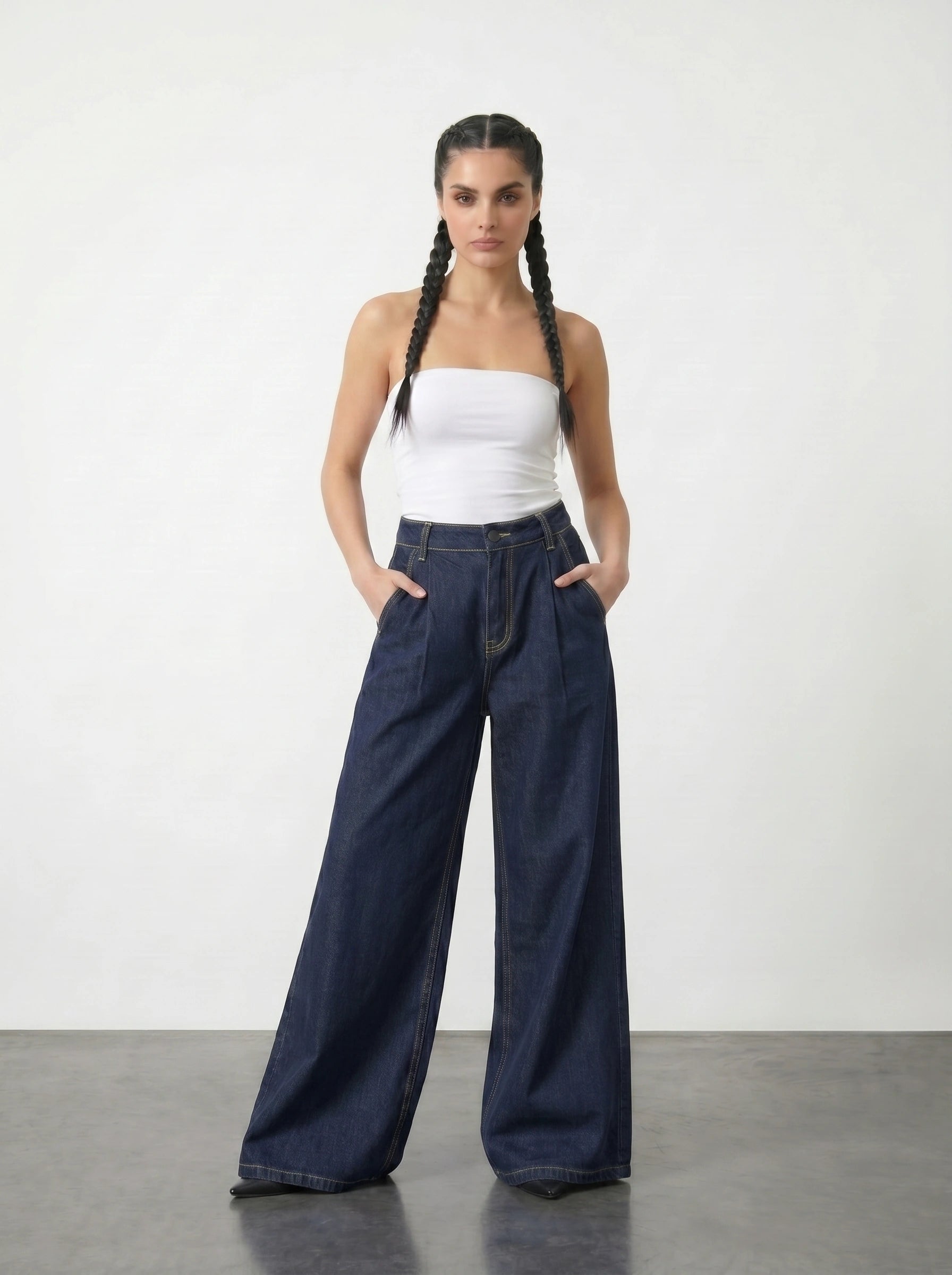 Dark Blue Pleated Wide Leg Jeans | Montivo Pakistan