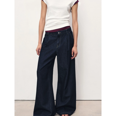 Dark Blue Pleated Wide Leg Jeans | Montivo Pakistan