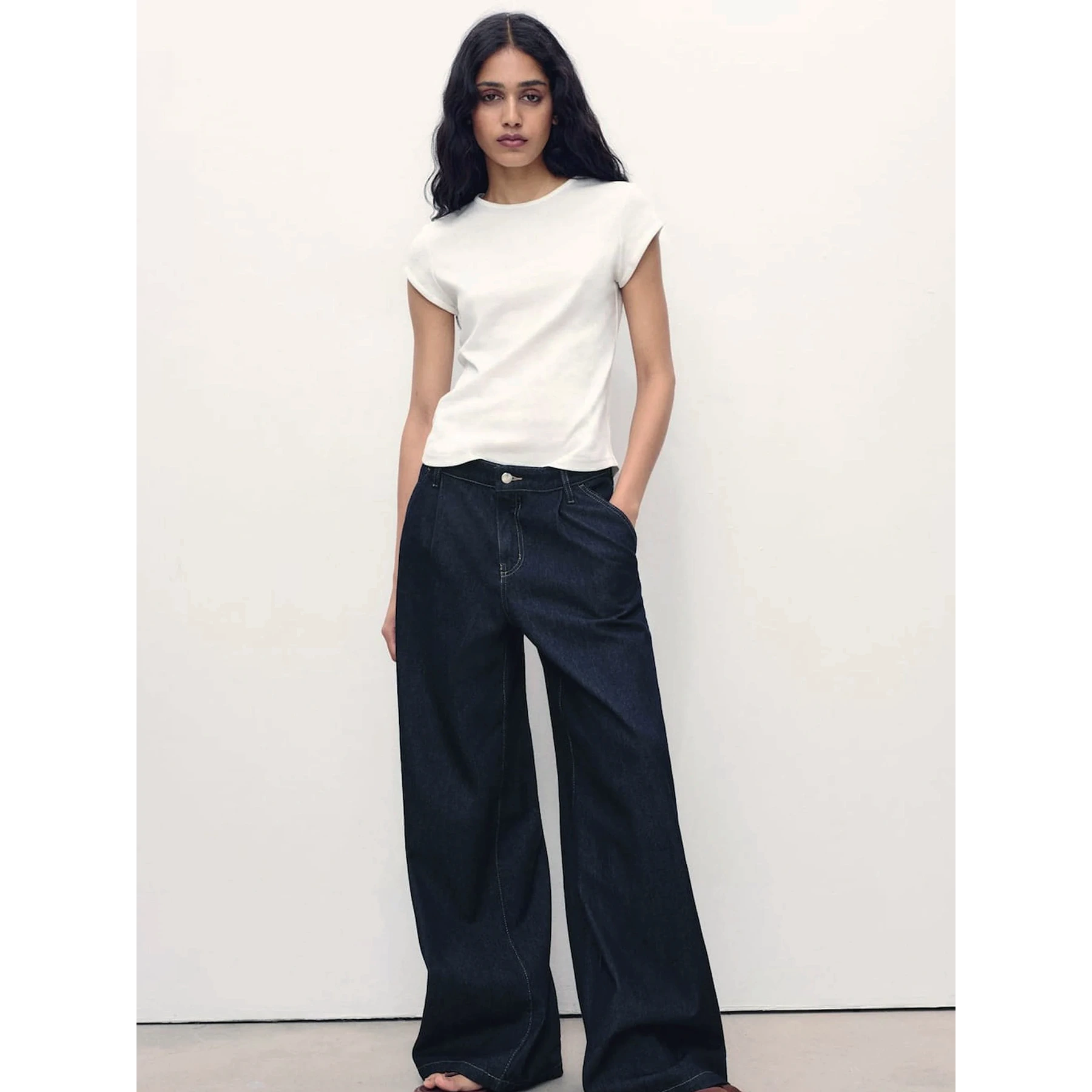 Dark Blue Pleated Wide Leg Jeans | Montivo Pakistan