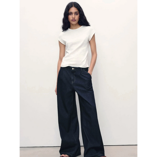 Dark Blue Pleated Wide Leg Jeans