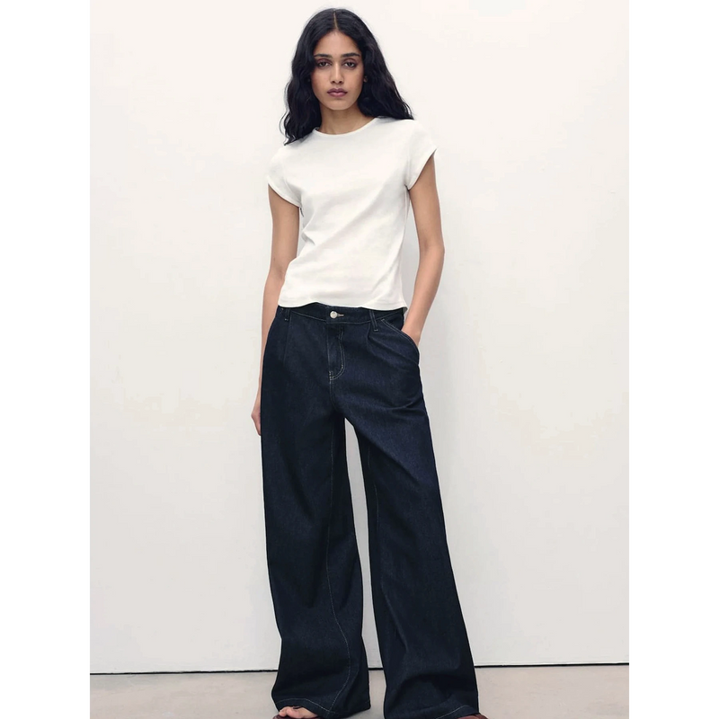 Dark Blue Pleated Wide Leg Jeans | Montivo Pakistan