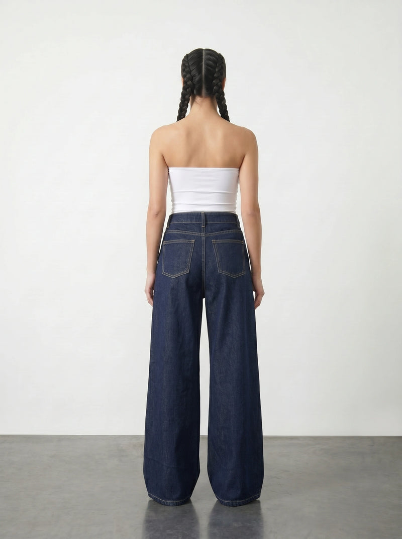Dark Blue Pleated Wide Leg Jeans | Montivo Pakistan