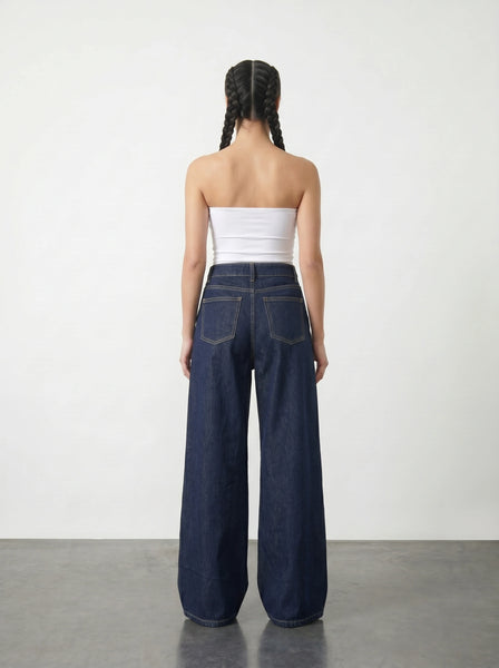 Dark Blue Pleated Wide Leg Jeans | Montivo Pakistan