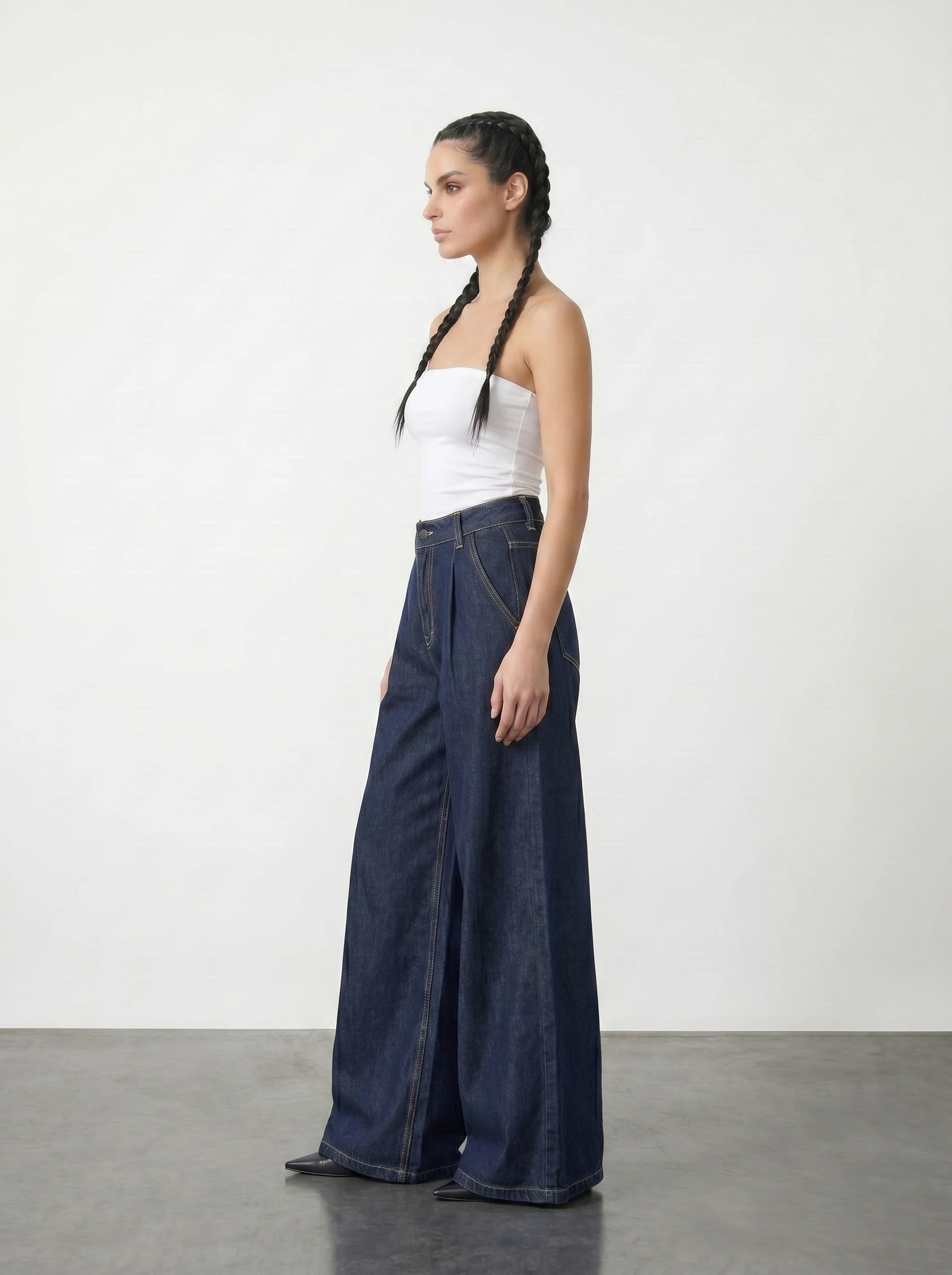 Dark Blue Pleated Wide Leg Jeans | Montivo Pakistan