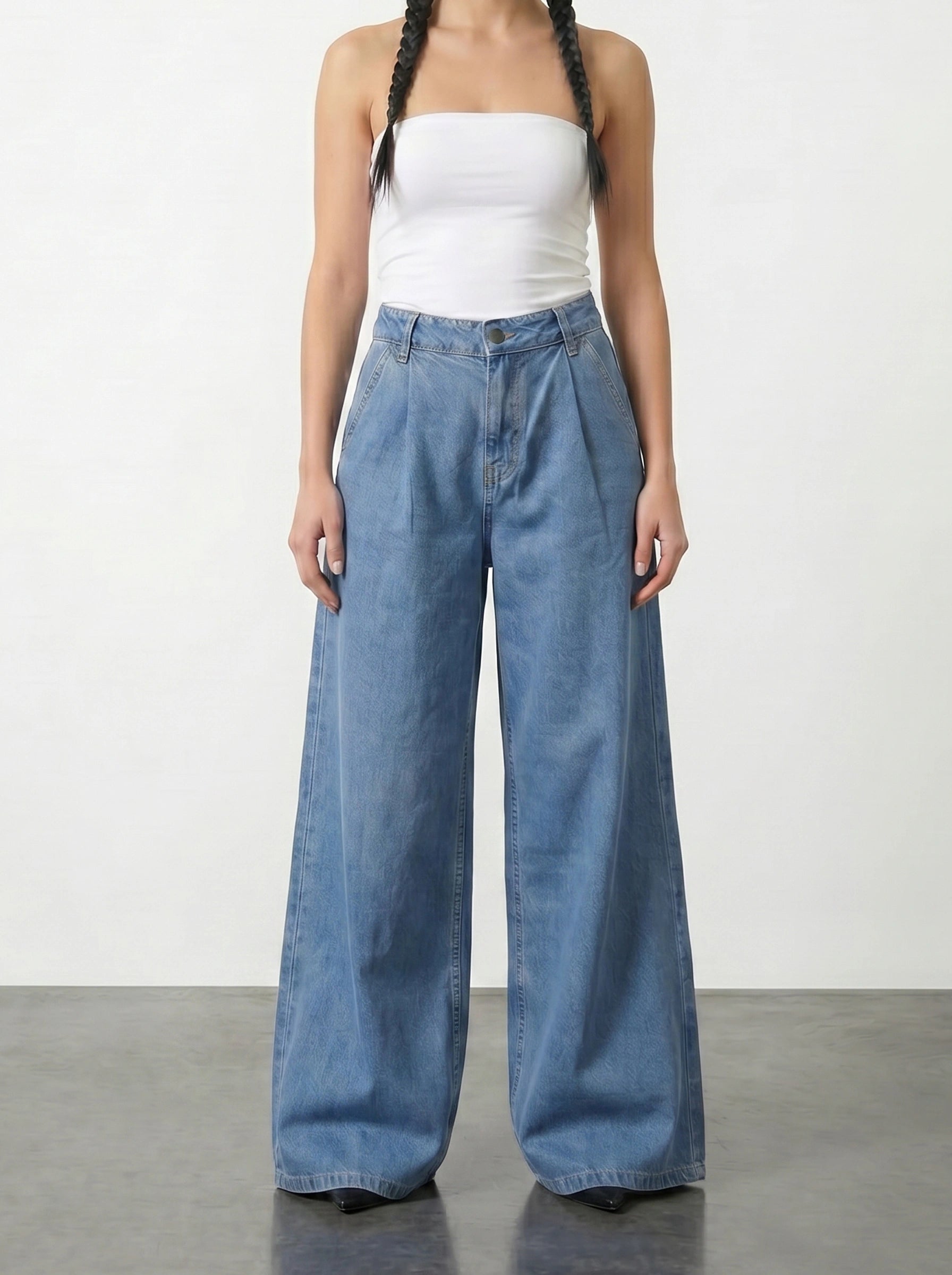 Vitange Blue Pleated Wide Leg Jeans | Montivo Pakistan