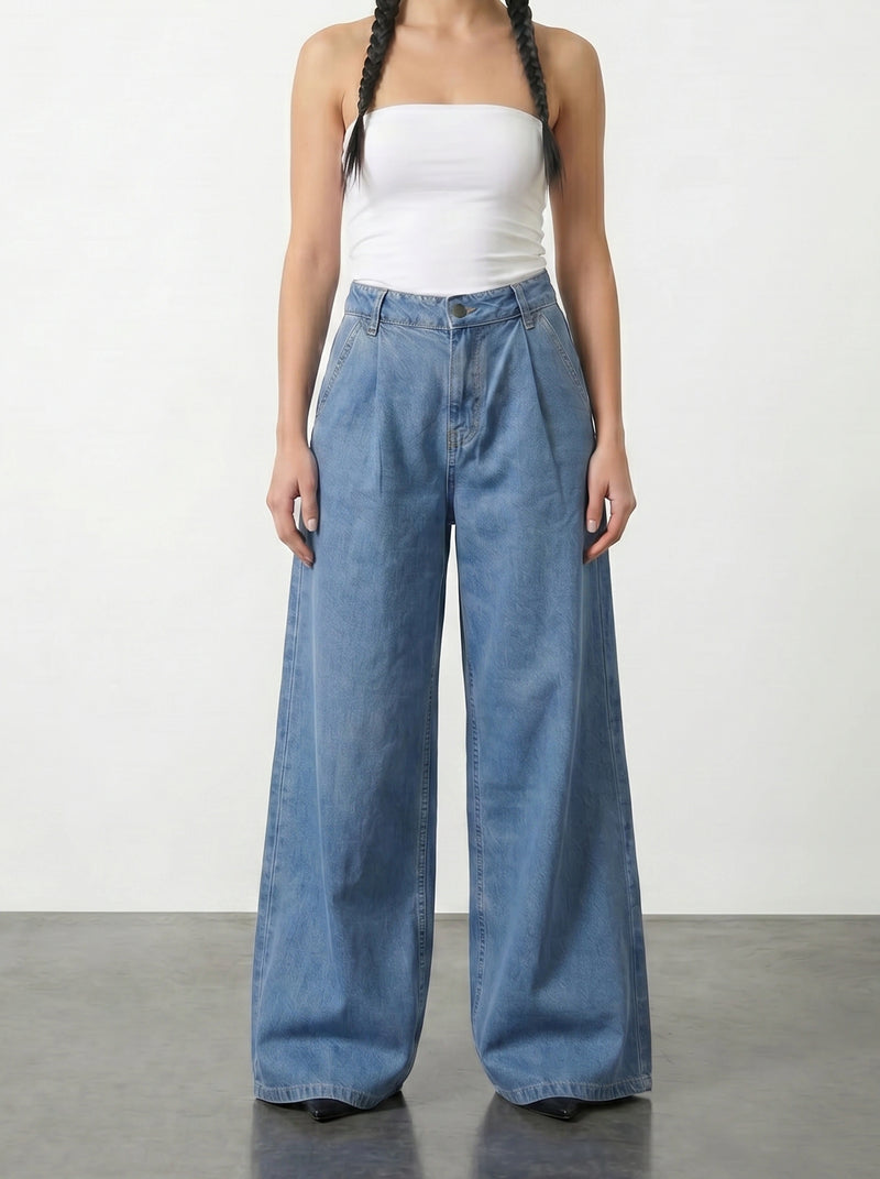 Vitange Blue Pleated Wide Leg Jeans | Montivo Pakistan