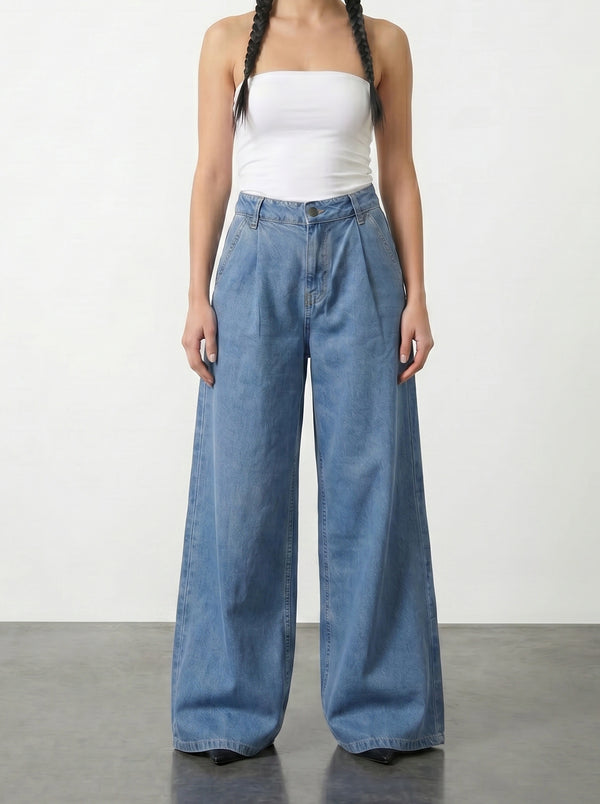 Vitange Blue Pleated Wide Leg Jeans | Montivo Pakistan
