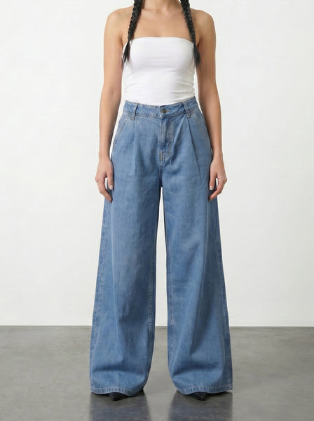Vitange Blue Pleated Wide Leg Jeans | Montivo Pakistan