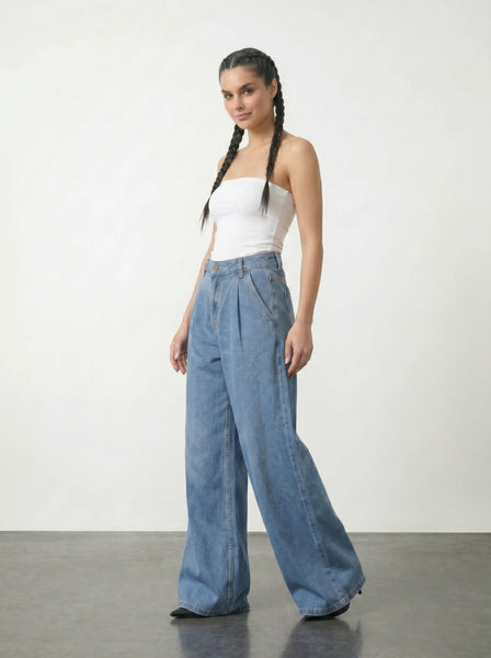 Vitange Blue Pleated Wide Leg Jeans | Montivo Pakistan