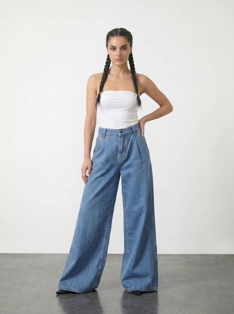 Vitange Blue Pleated Wide Leg Jeans | Montivo Pakistan