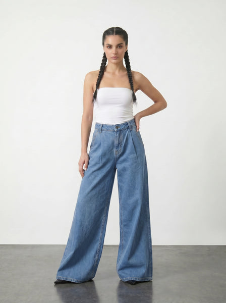 Vitange Blue Pleated Wide Leg Jeans | Montivo Pakistan