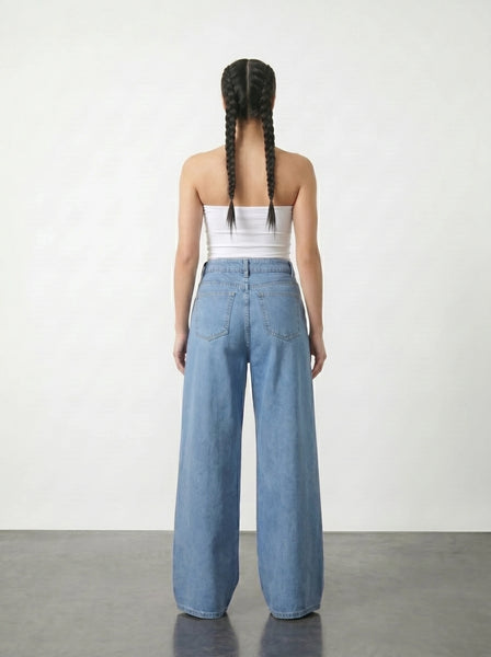Vitange Blue Pleated Wide Leg Jeans | Montivo Pakistan