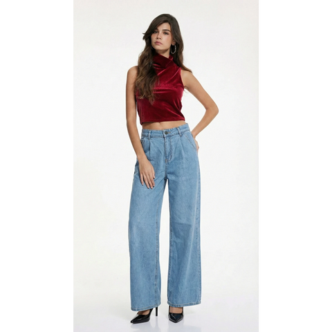 Blue Pleated Wide Leg Jeans | Montivo Pakistan