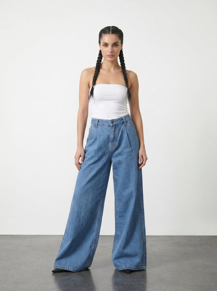 Blue Pleated Wide Leg Jeans | Montivo Pakistan