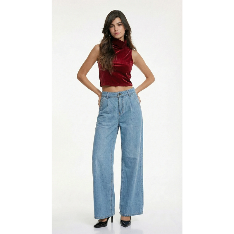 Blue Pleated Wide Leg Jeans | Montivo Pakistan