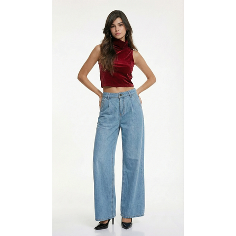 Blue Pleated Wide Leg Jeans | Montivo Pakistan
