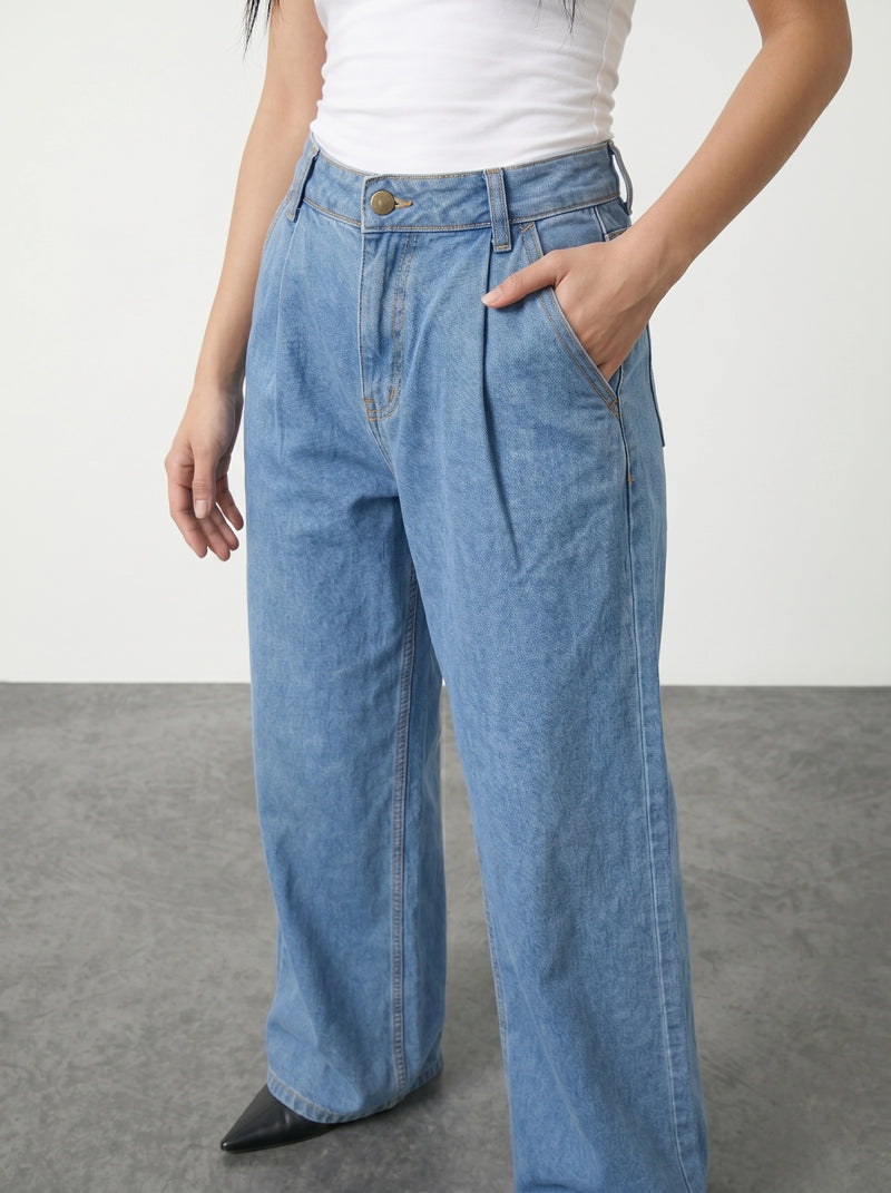 Blue Pleated Wide Leg Jeans | Montivo Pakistan