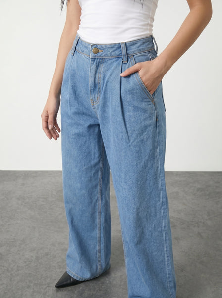 Blue Pleated Wide Leg Jeans | Montivo Pakistan