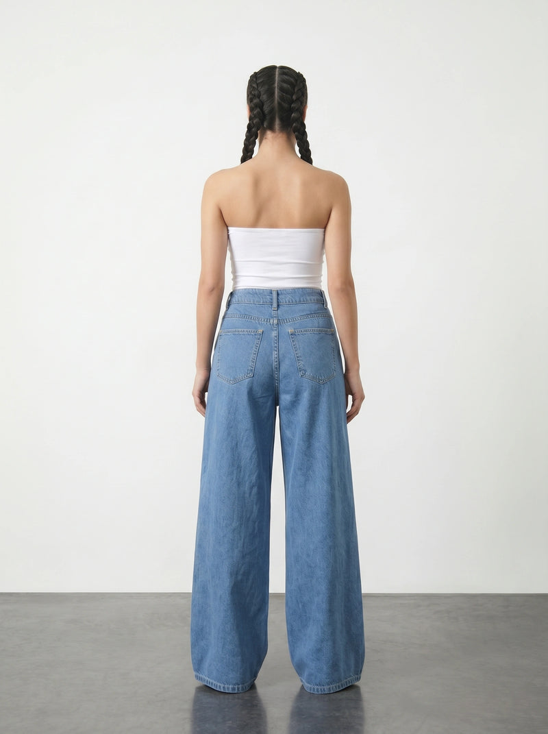 Blue Pleated Wide Leg Jeans | Montivo Pakistan