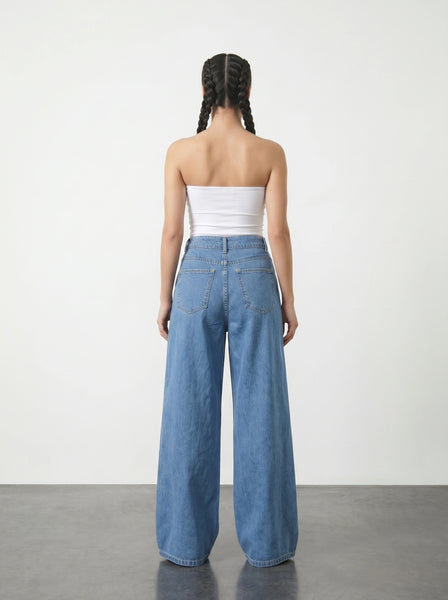 Blue Pleated Wide Leg Jeans | Montivo Pakistan