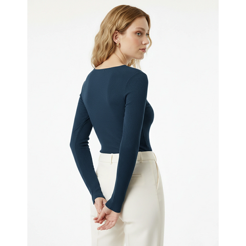 Blue Ribbed Square Neck Top