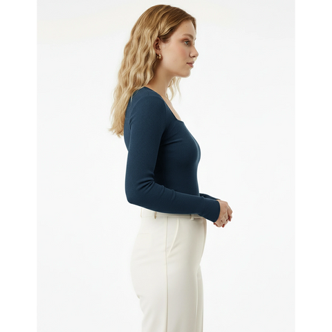 Blue Ribbed Square Neck Top