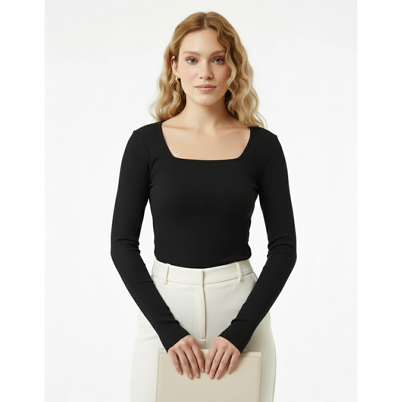 Black Ribbed Square Neck Top