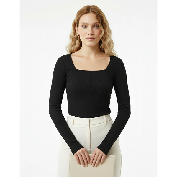 Black Ribbed Square Neck Top | Montivo Pakistan