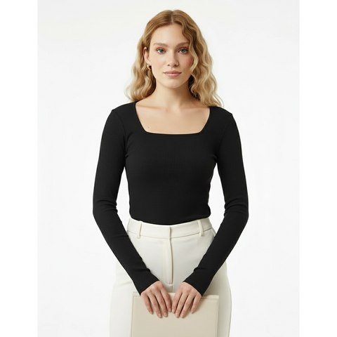 Black Ribbed Square Neck Top
