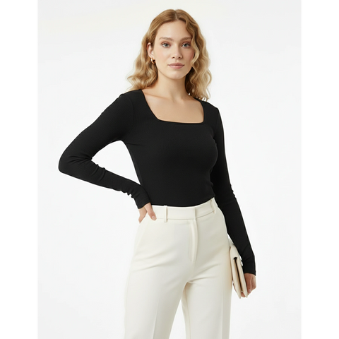 Black Ribbed Square Neck Top