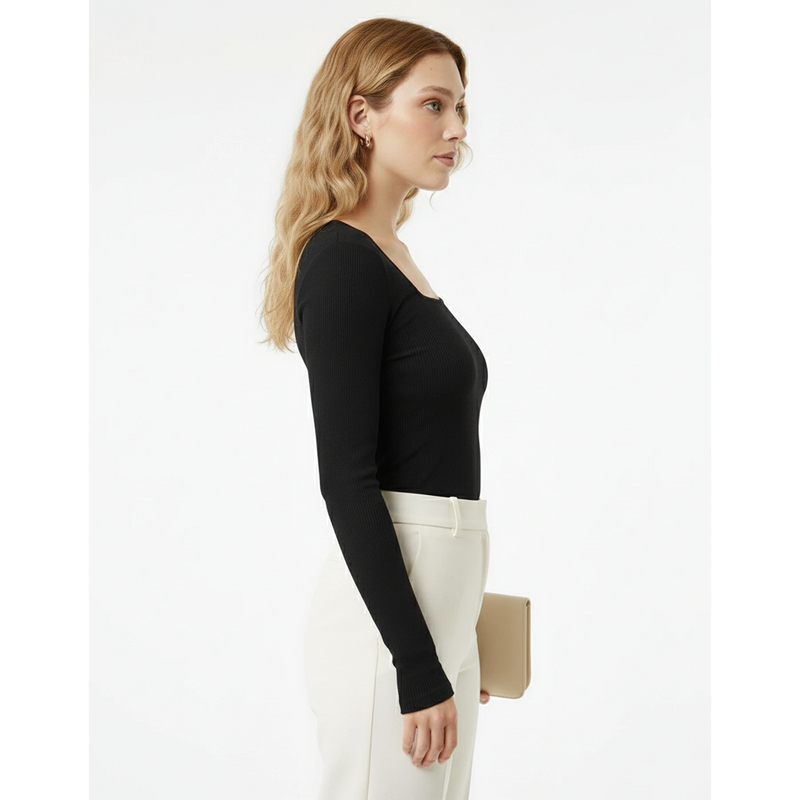 Black Ribbed Square Neck Top